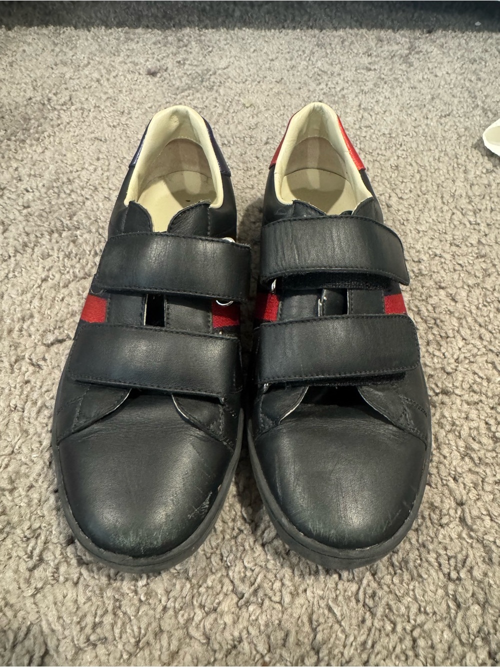 Gucci Black Leather Velcro Loafers with Red & Blue Stripe